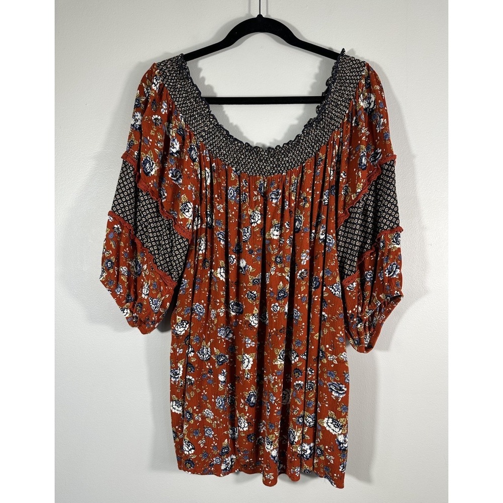 Loralette Top Womens 4X Floral Boho Peasant Festival Smocked Rayon